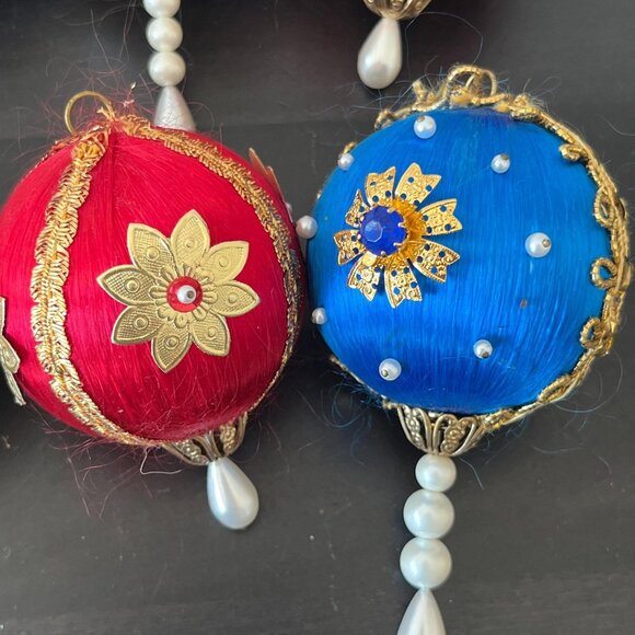 Vintage Beaded Satin Ball Ornaments // Handmade Gold Trimmed Push Pin Pearls - Picture 2 of 5